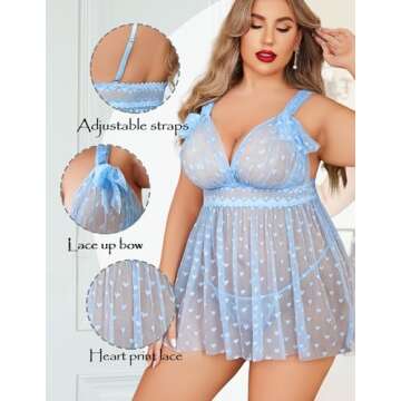 Avidlove Lingerie for Women Sexy Babydoll Plus Size Sleepwear with Bow See Through Chemise Sheer Nightie Exotic Outfits Light Blue XXL