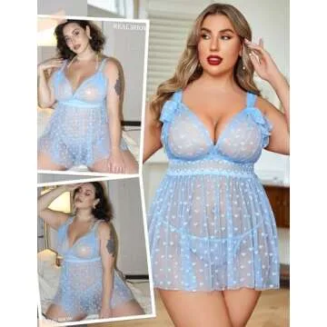 Avidlove Lingerie for Women Sexy Babydoll Plus Size Sleepwear with Bow See Through Chemise Sheer Nightie Exotic Outfits Light Blue XXL