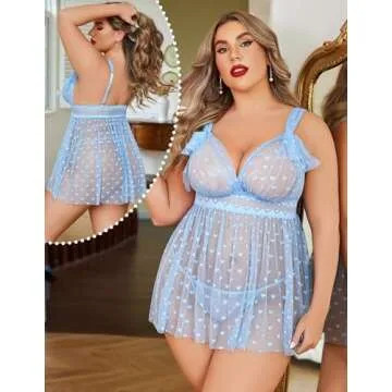 Avidlove Lingerie for Women Sexy Babydoll Plus Size Sleepwear with Bow See Through Chemise Sheer Nightie Exotic Outfits Light Blue XXL