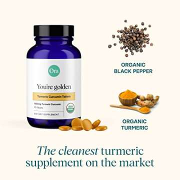 Ora Organic Turmeric Curcumin with Piperine - Pure Extracts for Joint Stress and Cardiovascular Health, Support Healthy Cognitive Function, No Filler Ingredients - 90 Vegan Tablets, 1 Month Supply