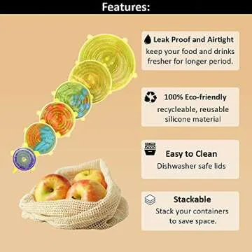 Reusable Beeswax Food Wrap- Silicone Stretch Lids - Reusable Produce Bags, Eco Friendly Food Storage, Dishwasher & Freezer Safe, Reusable Grocery Bag for Storage, 15 Pack (6 Wrap 3 Bags 6 Lids)