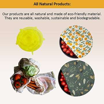 Reusable Beeswax Food Wrap- Silicone Stretch Lids - Reusable Produce Bags, Eco Friendly Food Storage, Dishwasher & Freezer Safe, Reusable Grocery Bag for Storage, 15 Pack (6 Wrap 3 Bags 6 Lids)