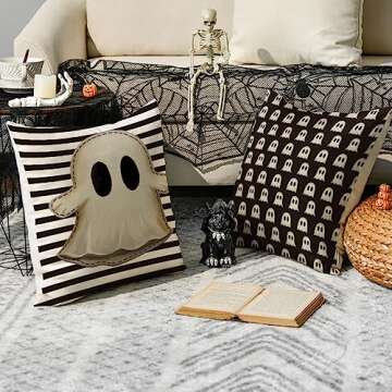 AVOIN colorlife Halloween Hey Boo Cute Ghost Spooky Throw Pillow Covers, 18 x 18 Inch Horror Scary Cushion Case for Sofa Couch Set of 4, Black