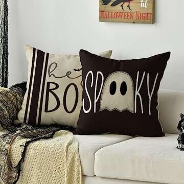 AVOIN colorlife Halloween Hey Boo Cute Ghost Spooky Throw Pillow Covers, 18 x 18 Inch Horror Scary Cushion Case for Sofa Couch Set of 4, Black