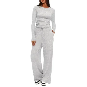Darong Women's 2 Piece Lounge Sets Long Sleeve Tops Wide Leg Pants Casual Outfits Pajama Set Fall Co...