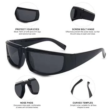 OuShiun Y2K Wrap Around Fashion Sunglasses for Men Women Sports Rectangle Futuristic Glasses Trendy Shades Glasses OS2127 (Black/Grey)