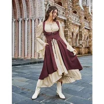 Scarlet Darkness Renaissance Costume Pirate Medieval Underbust Dress Sleeveless U-Neck Dress Wine S