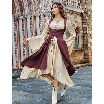 Scarlet Darkness Renaissance Costume Pirate Medieval Underbust Dress Sleeveless U-Neck Dress Wine S