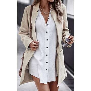 Angashion Women’s Coat, Long Sleeve Stand Collar Cardigan Mid-Long Open Front Outwear Overcoat with Zipper Pockets Beige Small