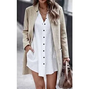 Angashion Women’s Coat, Long Sleeve Stand Collar Cardigan Mid-Long Open Front Outwear Overcoat with Zipper Pockets Beige Small