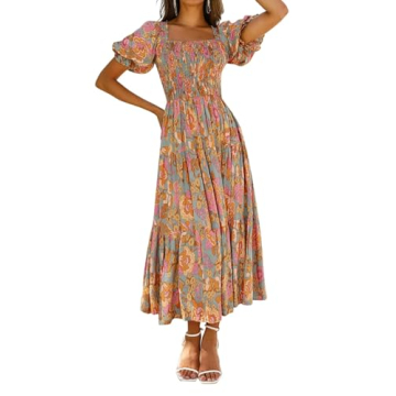 ZESICA Women's Summer Boho Floral Print Square Neck Ruffle Swing Beach Long Maxi Dress,GreyGreen,Sma...