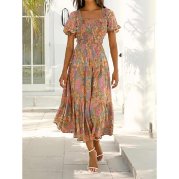 ZESICA Women's Summer Boho Floral Print Square Neck Ruffle Swing Beach Long Maxi Dress,GreyGreen,Small