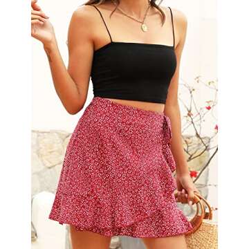 Naggoo Mini Skirt Fashion Floral above Knee Wrap Skirts Red Small