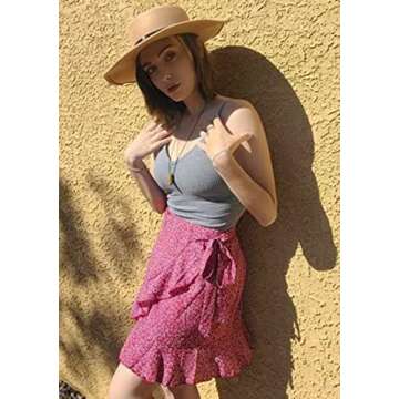 Naggoo Mini Skirt Fashion Floral above Knee Wrap Skirts Red Small