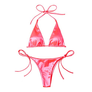 Neon Pink Metallic Halter Top Bikini for Women