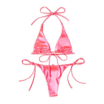 Neon Pink Metallic Halter Top Bikini for Women
