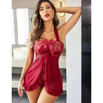 Avidlove Lingerie for Women Nightwear Lace Babydoll Strap Chemise Halter Lingerie Dark Red