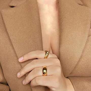 JINEAR 18k Gold Plated Croissant Braided Twisted Signet Chunky Dome Ring Star Stacking Band for Wome...