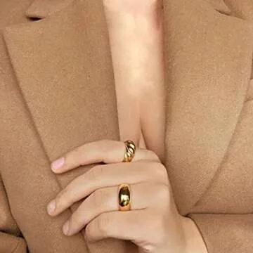 JINEAR 18k Gold Plated Croissant Braided Twisted Signet Chunky Dome Ring Star Stacking Band for Wome...