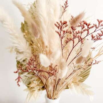 Gzjevcy 17 inch Pampas Grass - 1PCS Palm Leaf, 1PCS Fern Leaf, 5PCS White Pampas, 10PCS White & Natural Bunny Tails Grass, 2PCS Windmill Fruit, 20G White & Red Lover's Grass, 5PCS Acacia Bean