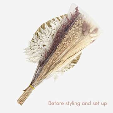 Gzjevcy 17 inch Pampas Grass - 1PCS Palm Leaf, 1PCS Fern Leaf, 5PCS White Pampas, 10PCS White & Natural Bunny Tails Grass, 2PCS Windmill Fruit, 20G White & Red Lover's Grass, 5PCS Acacia Bean