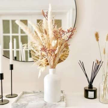 Gzjevcy 17 inch Pampas Grass - 1PCS Palm Leaf, 1PCS Fern Leaf, 5PCS White Pampas, 10PCS White & Natural Bunny Tails Grass, 2PCS Windmill Fruit, 20G White & Red Lover's Grass, 5PCS Acacia Bean