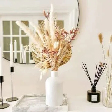 Gzjevcy 17 inch Pampas Grass - 1PCS Palm Leaf, 1PCS Fern Leaf, 5PCS White Pampas, 10PCS White & Natural Bunny Tails Grass, 2PCS Windmill Fruit, 20G White & Red Lover's Grass, 5PCS Acacia Bean