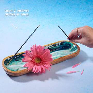 Folkulture Incense Holder or Incense Burner, Modern Incense Holder for Sticks, Ash Catcher or Insence-Stick Holder for Home Décor, 12 Inch Long for Home Decor, Mango Wood, Green Agate