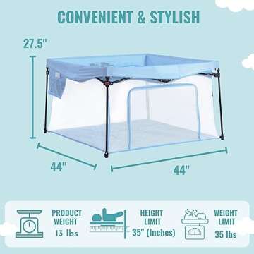 Dream On Me Ziggy Square Baby Playpen in Blue, Easy Set Up and Lightweight, Breathable Mesh Walls, Playpen for Babies and Toddlers