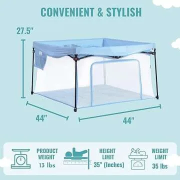 Dream On Me Ziggy Square Baby Playpen in Blue, Easy Set Up and Lightweight, Breathable Mesh Walls, Playpen for Babies and Toddlers