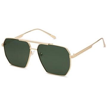 SOJOS Retro Oversized Square Polarized Sunglasses for Women Men Vintage Shades Classic Large Metal Sun Glasses with Gold/Green Lens