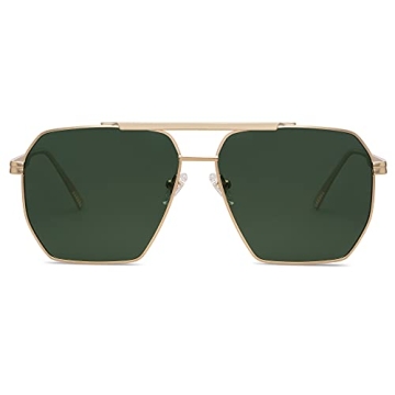SOJOS Retro Oversized Square Polarized Sunglasses for Women Men Vintage Shades Classic Large Metal Sun Glasses with Gold/Green Lens