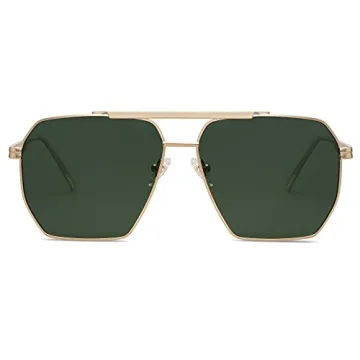 SOJOS Retro Oversized Square Polarized Sunglasses for Women Men Vintage Shades Classic Large Metal Sun Glasses with Gold/Green Lens