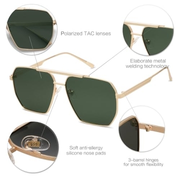 SOJOS Retro Oversized Square Polarized Sunglasses for Women Men Vintage Shades Classic Large Metal Sun Glasses with Gold/Green Lens