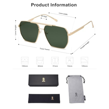 SOJOS Retro Oversized Square Polarized Sunglasses for Women Men Vintage Shades Classic Large Metal Sun Glasses with Gold/Green Lens