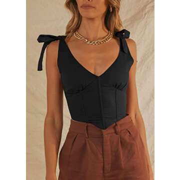 MISSACTIVER Women Vintage Corset Bustier V Neck Sleeveless Crop Tank Top Tie Shoulder Strap Boned Backless Vest Outfits(Medium,Black)