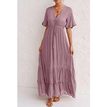 R.Vivimos Women's Summer Cotton Floral Midi Dresses - V Neck Bohemian Casual Style