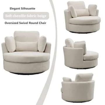 Swivel Accent Barrel Chair Oversized Modern Akili Upholstered Sofa Lounge Club Leisure Chair Round Chair for Hotel Living Room with 3 Pillows (Beige Chenille), 15D x 38.6W x 50H in