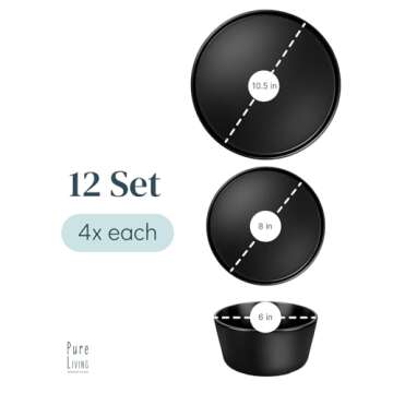 Ceramic Dinnerware Set - Scratch Resistant, Dishwasher & Microwave Safe Stoneware - 12 Piece Plates and Bowls for 4 - Matte Black