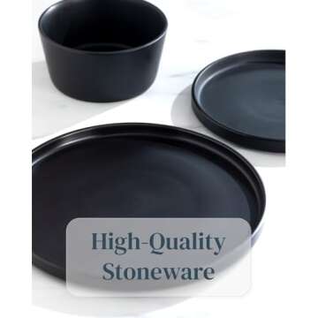 Ceramic Dinnerware Set - Scratch Resistant, Dishwasher & Microwave Safe Stoneware - 12 Piece Plates and Bowls for 4 - Matte Black