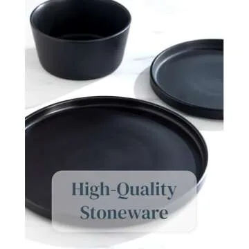 Ceramic Dinnerware Set - Scratch Resistant, Dishwasher & Microwave Safe Stoneware - 12 Piece Plates and Bowls for 4 - Matte Black