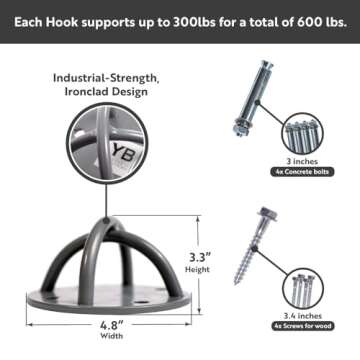 Ceiling Hooks - Industrial Strength Hold Up to 600 lbs, Includes Anchors & Bolts Yoga Starter Set - Suitable for Gym Rings, Suspensions, Indoor/Outdoor Use