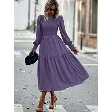 PRETTYGARDEN Puff Long Sleeve Smocked Maxi Dresses for Women 2024 Crewneck Solid Empire Waist A-line Flowy Tiered Long Dress(Purple,Large)