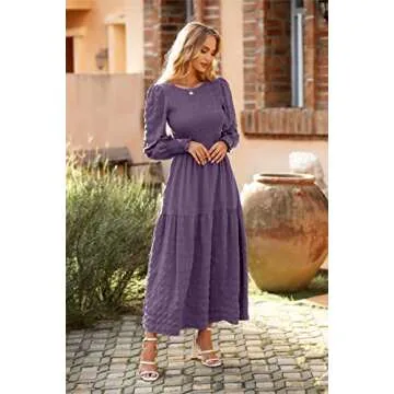PRETTYGARDEN Puff Long Sleeve Smocked Maxi Dresses for Women 2024 Crewneck Solid Empire Waist A-line Flowy Tiered Long Dress(Purple,Large)