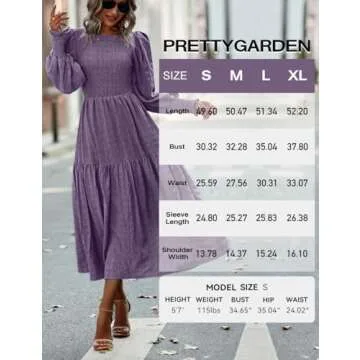 PRETTYGARDEN Puff Long Sleeve Smocked Maxi Dresses for Women 2024 Crewneck Solid Empire Waist A-line Flowy Tiered Long Dress(Purple,Large)