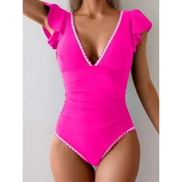 Aidonger Women's One Piece Ruffle Swimsuit Tummy Control Bathing Suit Hot Pink