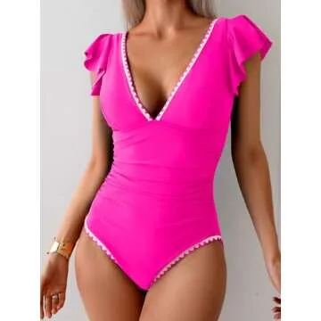Stylish Aidonger Women's Ruffle Swimsuit Hot Pink