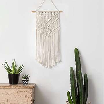 Taufey Macrame Wall Hanging Woven Boho Chic Wall Decor, Beautiful Geometric Wall Art for Apartment Dorm Bedroom Living Room Home Decoration, 16" W x 33" L