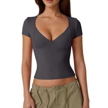QINSEN Women's V-Neck Seamed Cup Tee - Soft & Stretchy