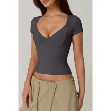 QINSEN Women's V-Neck Seamed Cup Tee - Soft & Stretchy